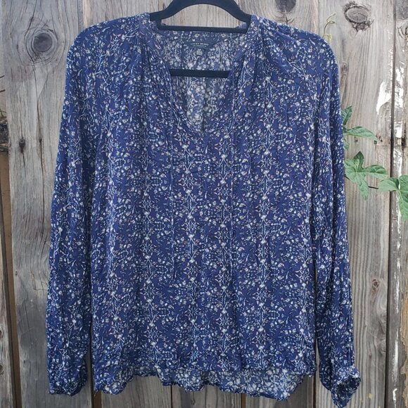 Lucky Brand size Small blue peasant top floral boho blouse viscose tie hippie - Picture 2 of 7
